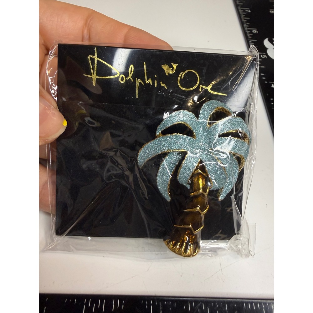 Dolphin Ore Palm Tree Brooch Pin Gold Blue Glitter Tropical DB-1502/5